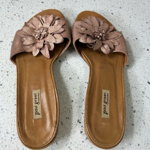 Paul Green Flower Metallic Leather Slide Sandal Mini Block Heel​​​​ - Picture 2 of 10